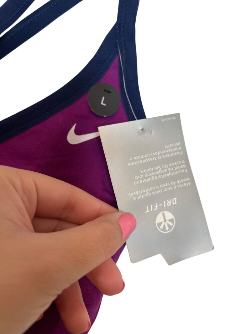 Nike Womens Purple & Navy Dri-Fit Strappy Sports Bra Size L - Picture 4 of 4
